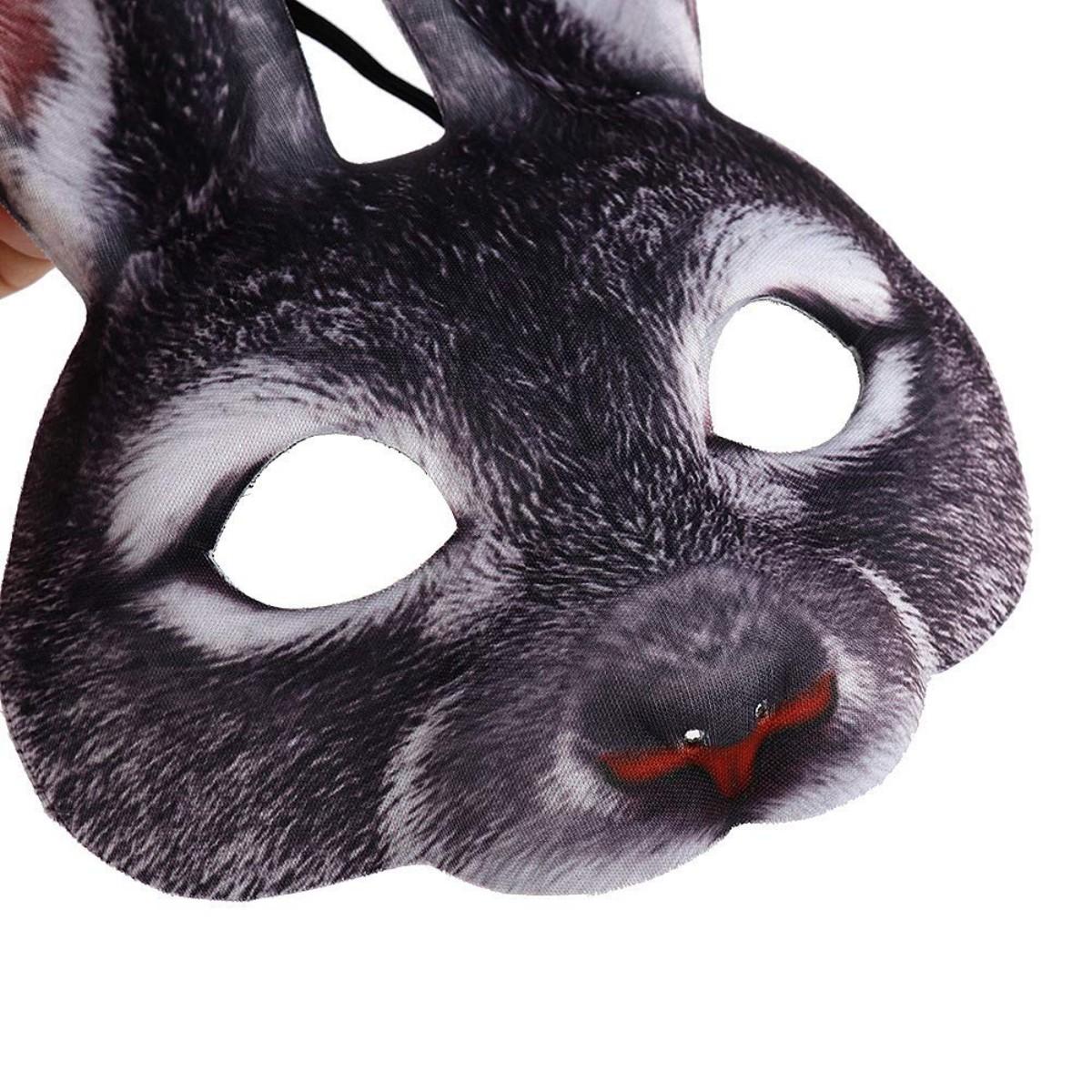 3D Realistic Half Face Bunny Rabbit Mask, Horror Black Animal Ear Mask, Halloween Easter Mardi Gras Cosplay Costume Accessory, Adult Masquerade Party Prop for Carnival Birthday Game Adjustable Waist Tightener Clip Handmade Resin Craft Mask confetti eggs