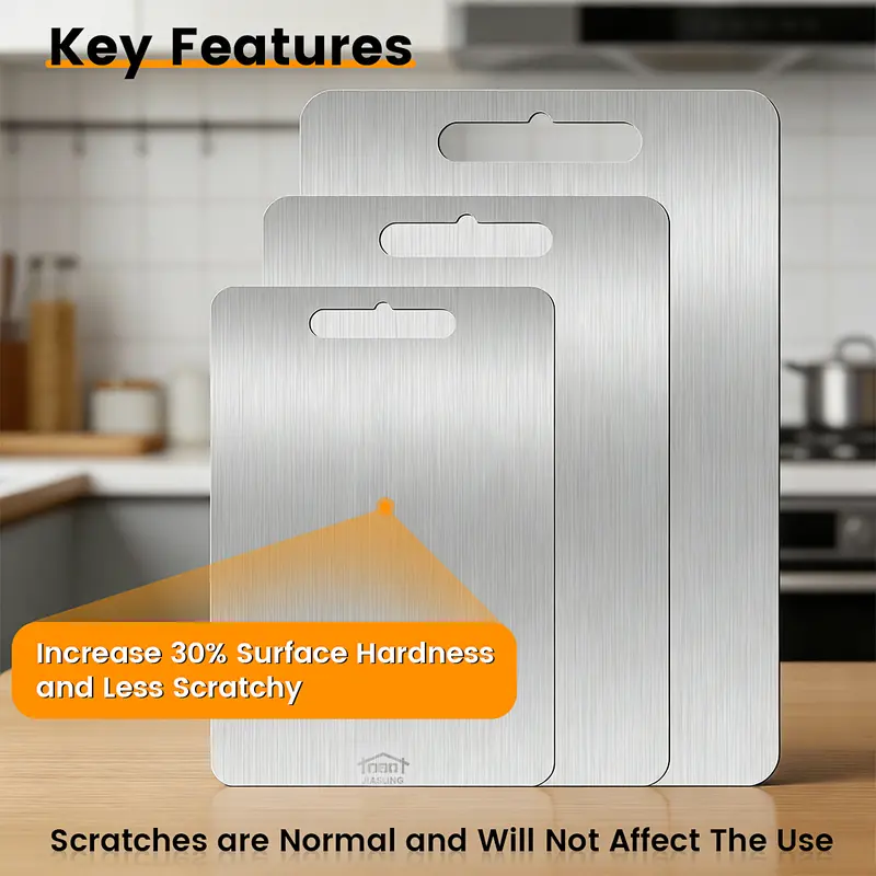 3PCS Stainless Steel Cutting Board Set S+M+L Sizes Food-Grade Metal Chopping Boards for Meat Vegetables & Ultrathin & Durable, Portable & Rust-Resistant Easy to Clean More Edge-Smoothing Kitchen Tools - Kitchenware 4
