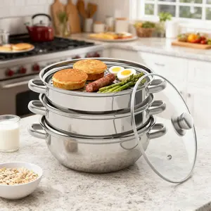 3-Layer Stainless Steel Steamer Stackable With Glass Lid Dishwasher Safe home essentials