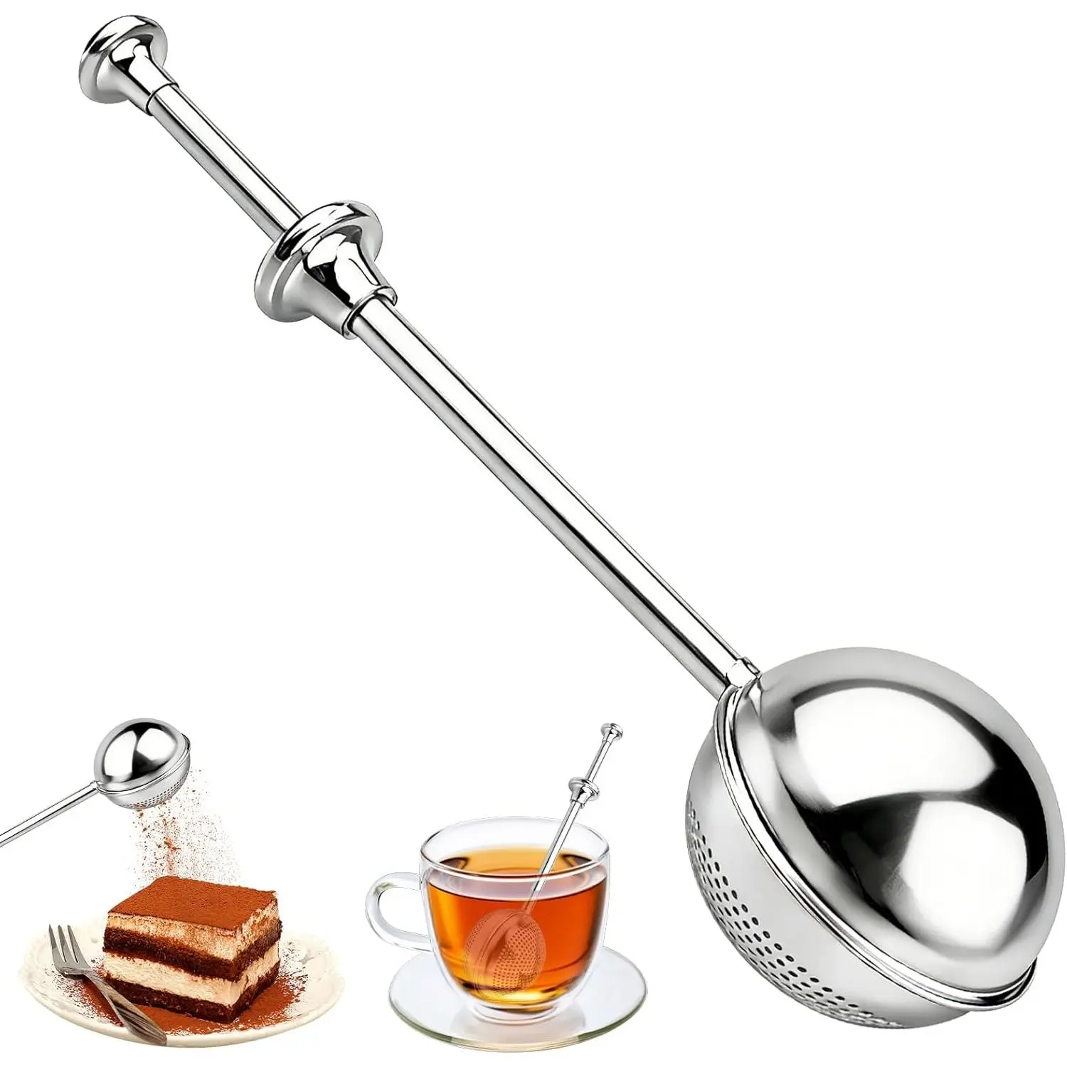 2-in-1 Design Stainless Steel Kitchen Tool with Long Press Handle - Fine Mesh Tea Strainer, Tea Infuser, Powder Duster for Baking & Coffee Prep
