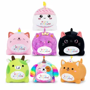 CHUBBYJOY 9Inch 15Inch Happy Birthday Plush Stuffed Animal Pillow, Soft Chubby Animal Plush Toy with Birthday Hat and Cute Embroidery, Huggable Pillow for Kids Room Party Decor Gift