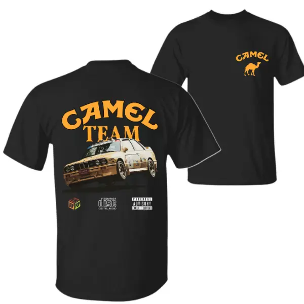 Camel Team E30 M3 T-Shirt – Classic Beige Camel Livery Race Car Graphic Tee, Retro Racing & Motorsport Enthusiasts.