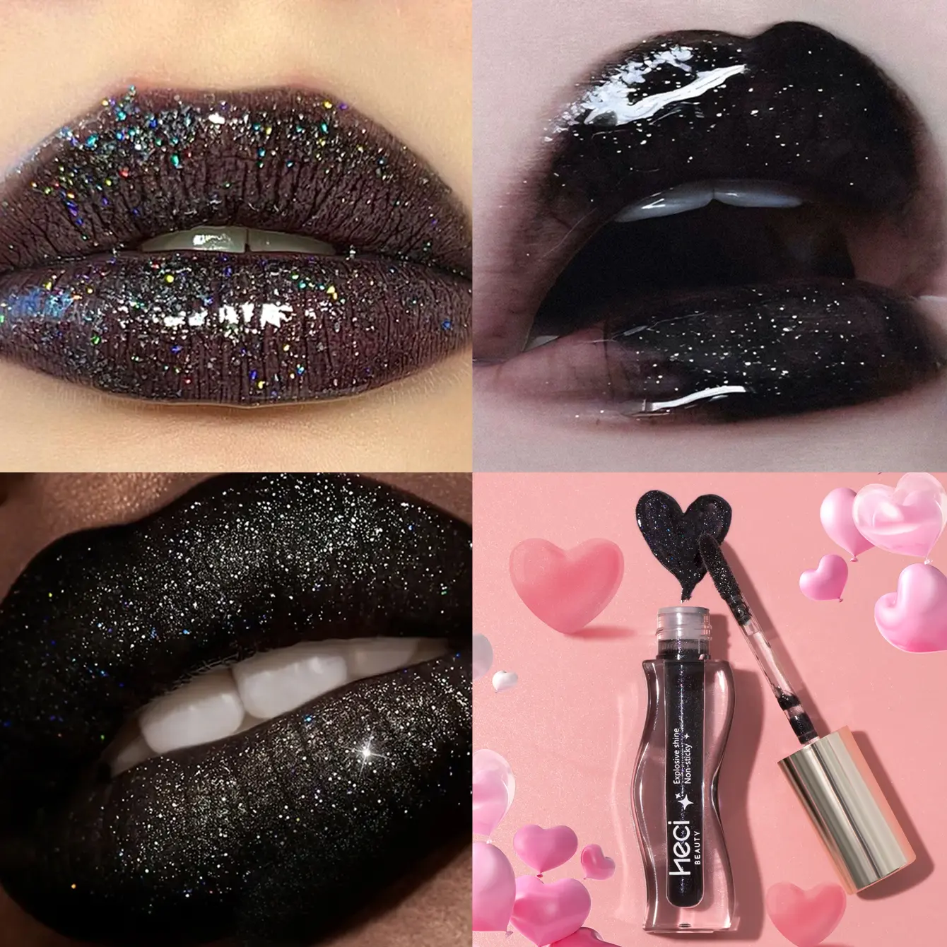 6Pcs Black Lip Tint Gloss Set, 3D Shiny Hydra Lip Gloss, Moisturizing Plumping Lip Makeup for Gothic Halloween Daily Look