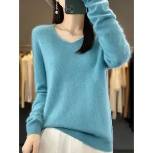 Fashion100% Merino Wool Sweater Cashmere  Pullover Women Knitwear V-Neck Long Sleeve  Autumn Winter Fashion Basic Clothing  Tops