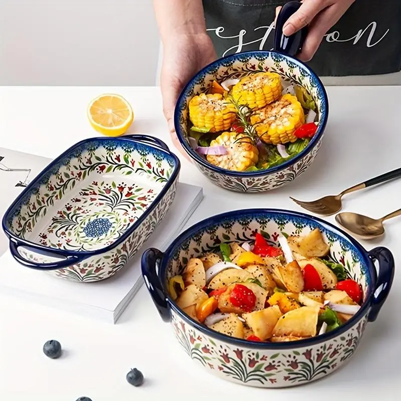 Ceramic Baking Dish - Kitchen Bakeware with Oval, Round or Handled Options, Hand-Drawn Polish Tricolor Pansy Design, Oven-Safe Non-Stick Surface, Ideal for Christmas Roasts, Oven-Safe Casseroles