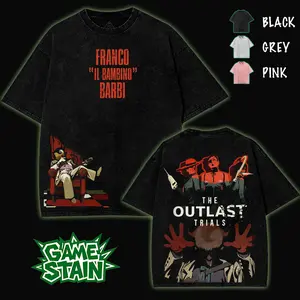 The Outlast Trials  Franco Barbi  Washed T-Shirt, Hoodies Video Games, Horror Vintage Shirt, Game Fan, Streetwear Tops Black Fabric Menswear Cotton Seamless