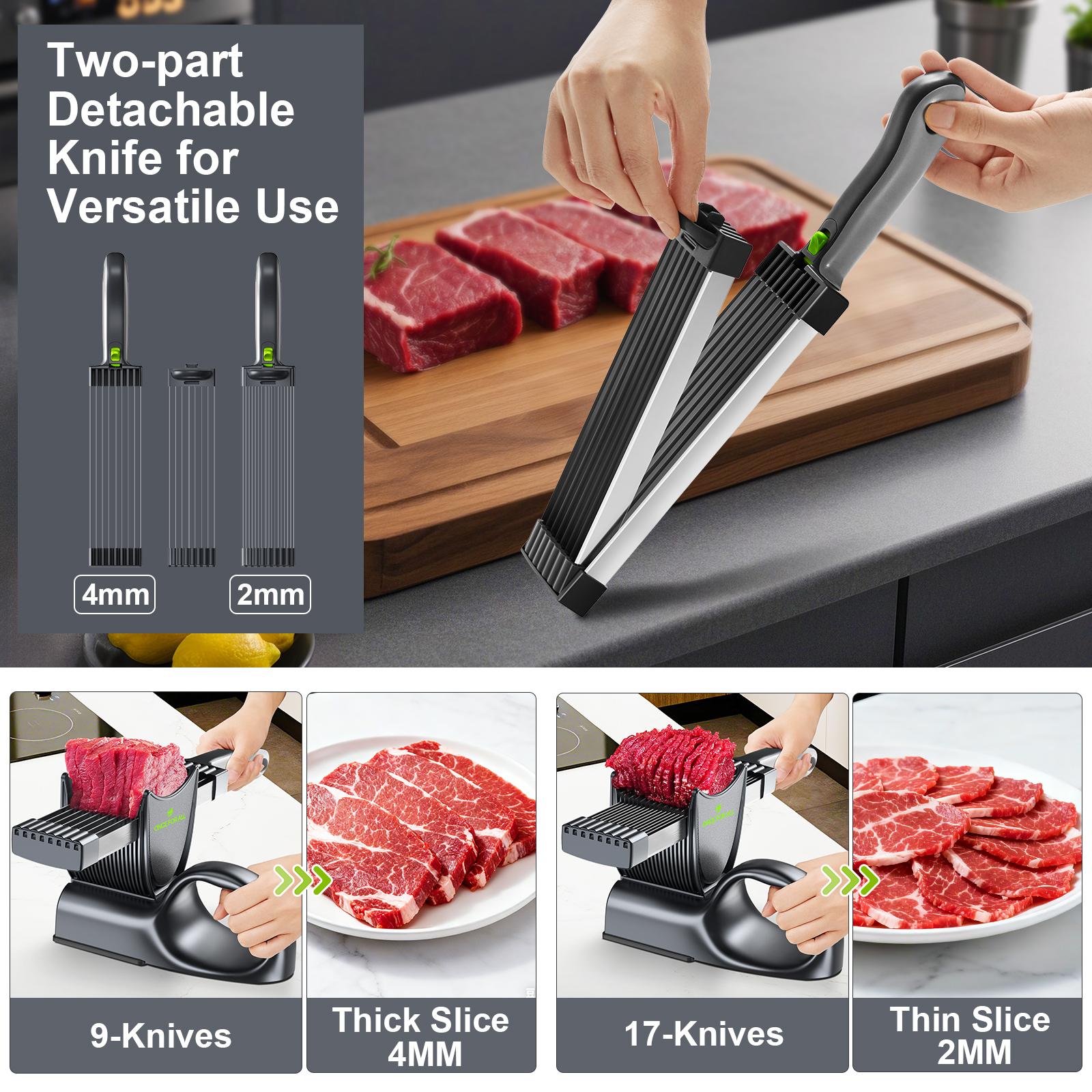 【ONCE FOR ALL】Manual Meat Slicer for Fresh Raw Meat (with Steady Grip), Meal Prep for the Week, Adjustable Thickness 2mm or 4mm, 17 Blades get 18 Fresh Meat Slicer, Meat Cleavers can be Sliced, Striped, Diced -Gray Fruit Chopping Appliance Kitchen Utensil