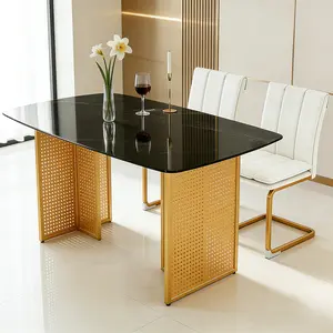 Modern 51.2" Rectangular Glass Dining Table for 4-6, White Faux Marble Kitchen Table with Tempered Glass Top and Sturdy A-Shaped Gold Metal Legs, Minimalist Dinner Table for Small Apartment, Home & Dining Room Furniture