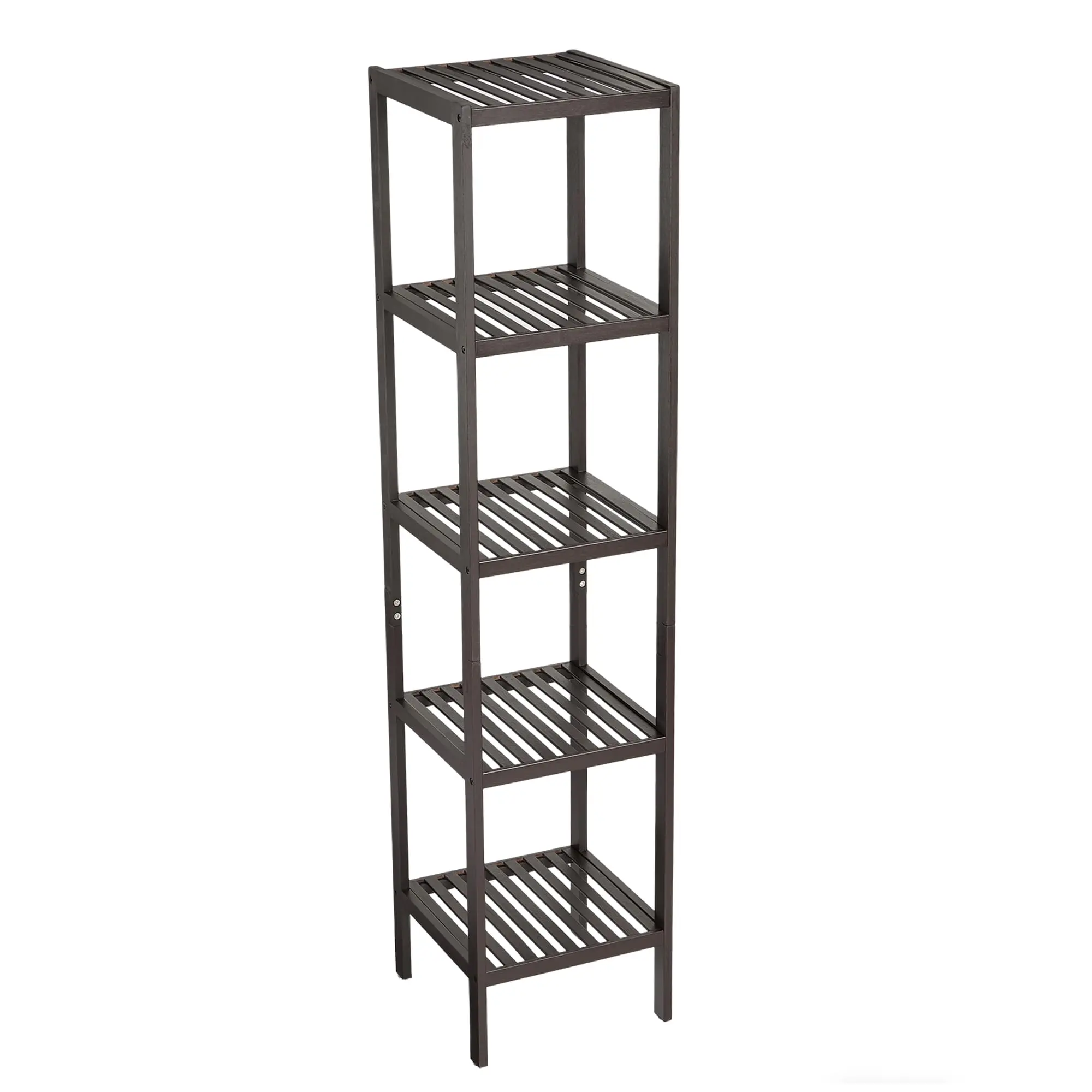 Bamboo 5-Tier Storage Shelf, Multifunctional Narrow Bathroom Shelving Unit with Slatted Shelves Standing Towel Rack Corner Rack for Bathroom Entryway