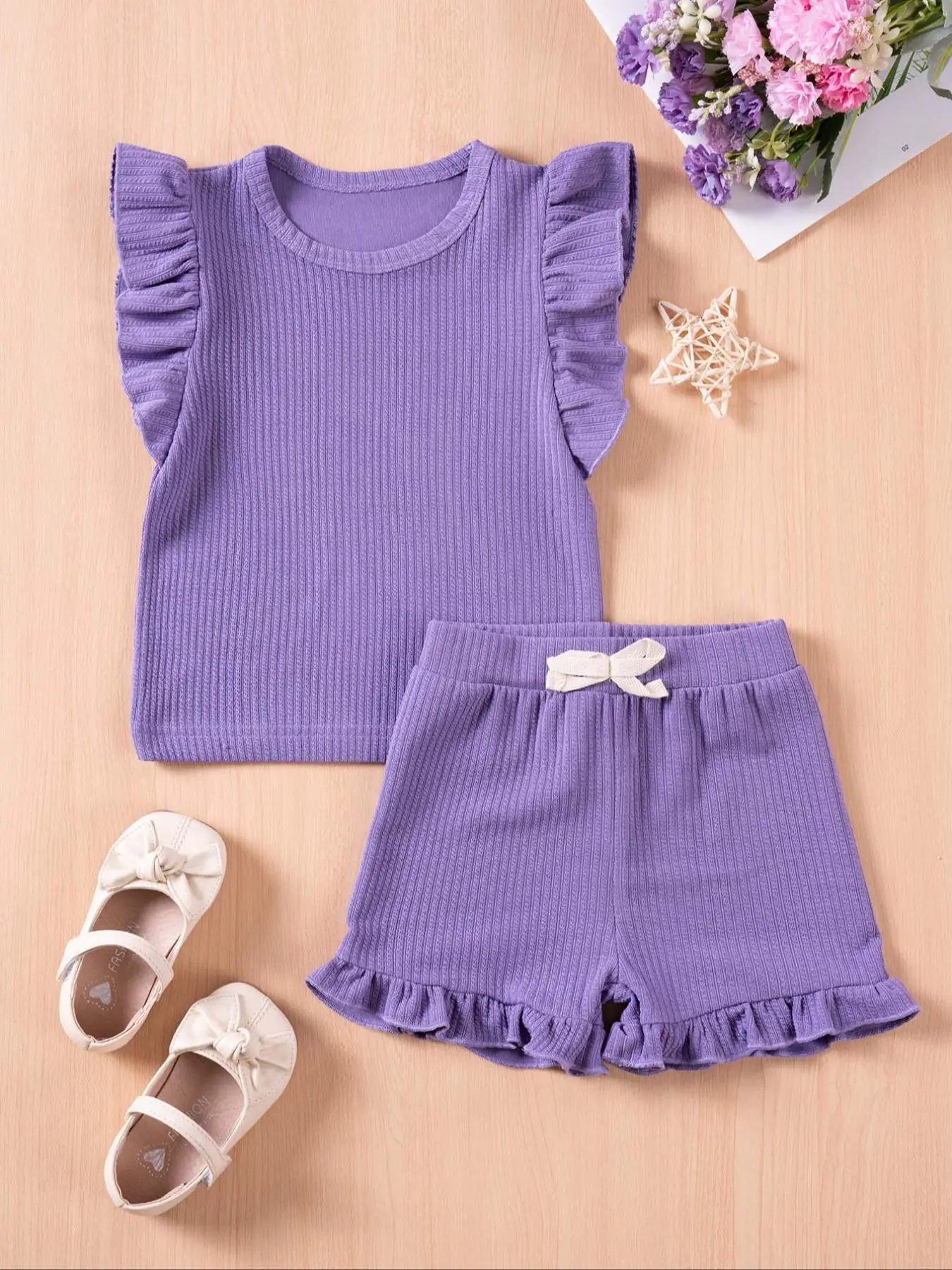 Two-Piece Set Toddler Girl's Solid Ruffle Trim Tee & Bow Decor Shorts, Cute Casual Round Neck Top & Shorts for Daily Wear, Kids Summer Clothes