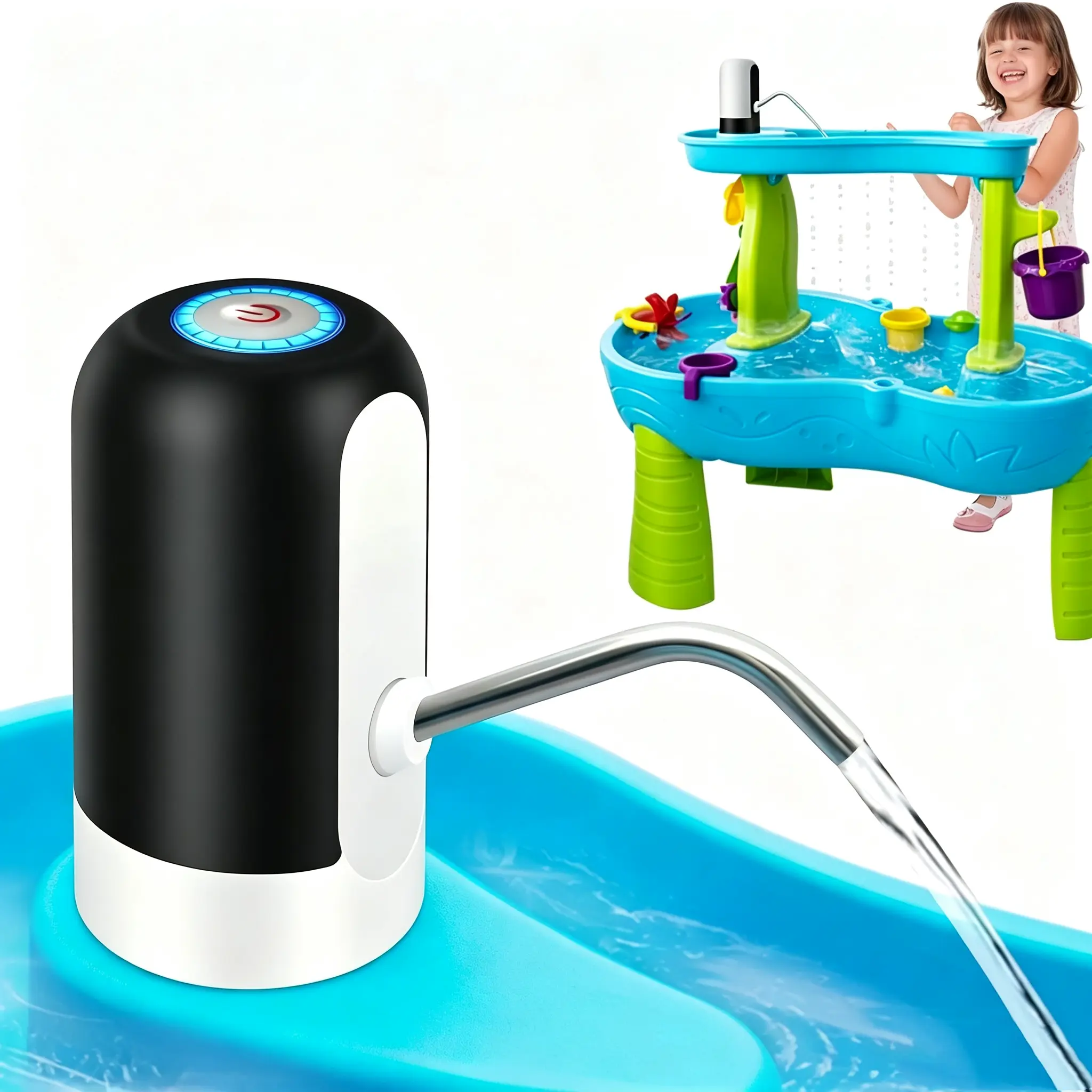 Powerful Water Table Pump, Battery Powered Water Pump for Water Table 3 Hours Non-Stop Fun Portable Summer Outdoor Sand/Water Table Toys Water Play Table Accessories for Toddlers Kids（Does not include the table）