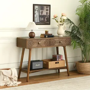 Mid-Century Modern Console Table with Geometric Drawers, Walnut Entryway Table with Storage Shelf, Retro Sofa Table for Living Room or Hallway – Deals for You Days