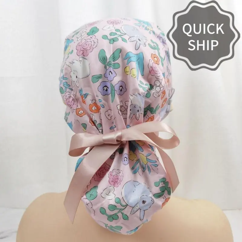 Pink Bunny Ponytail Scrub Cap With Buttons,Nurse Surgical Hat,Easter,Nurse Gifts, Women Long Hair