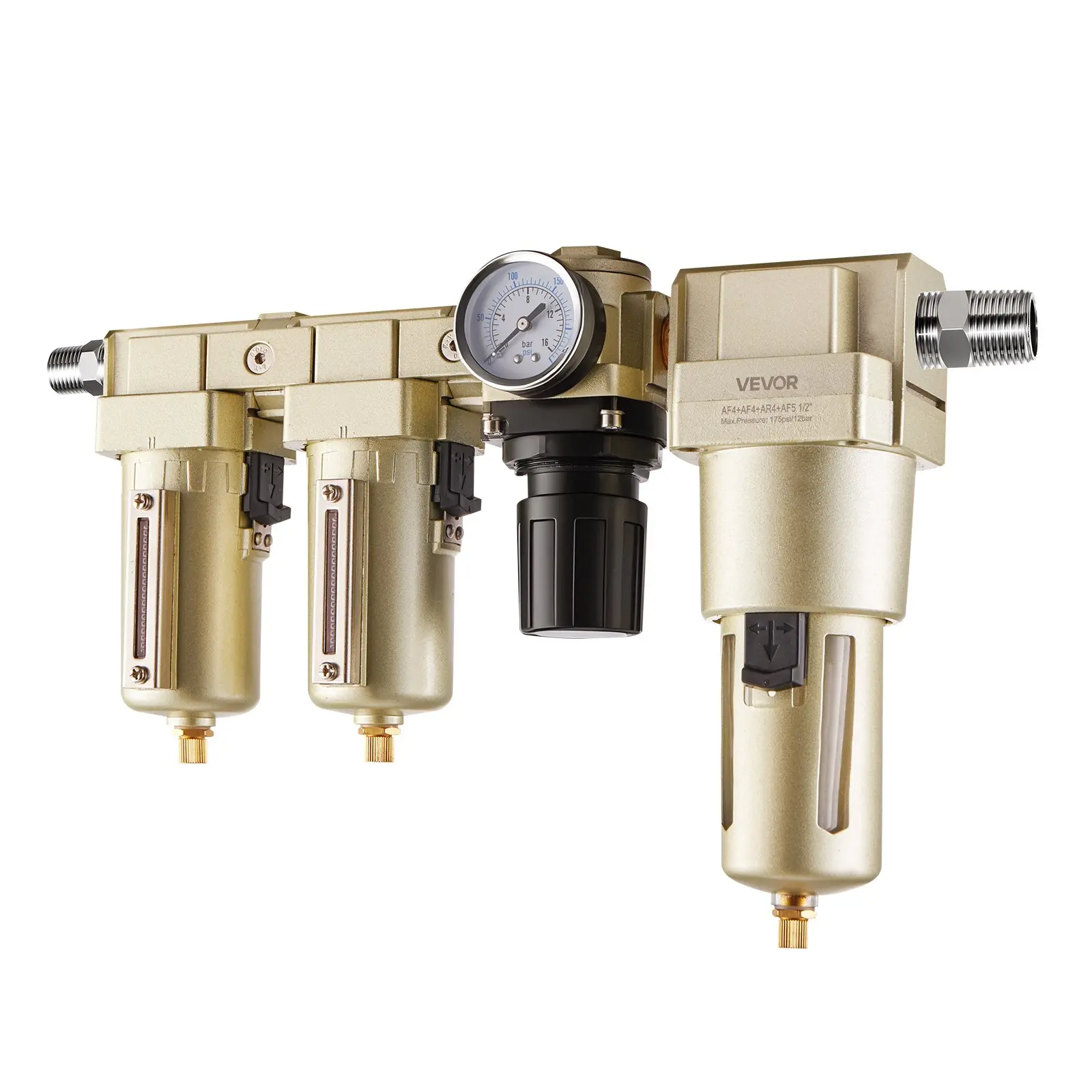 VEVOR Air Compressor Filter Regulator Combo, 1/2 NPT 3-Stage 25m 5m 0.3m Compressed Air Drying System with Micron Filters Oil-Water Separator, Semi-Auto Drain, 175PSI Max Working Pressure