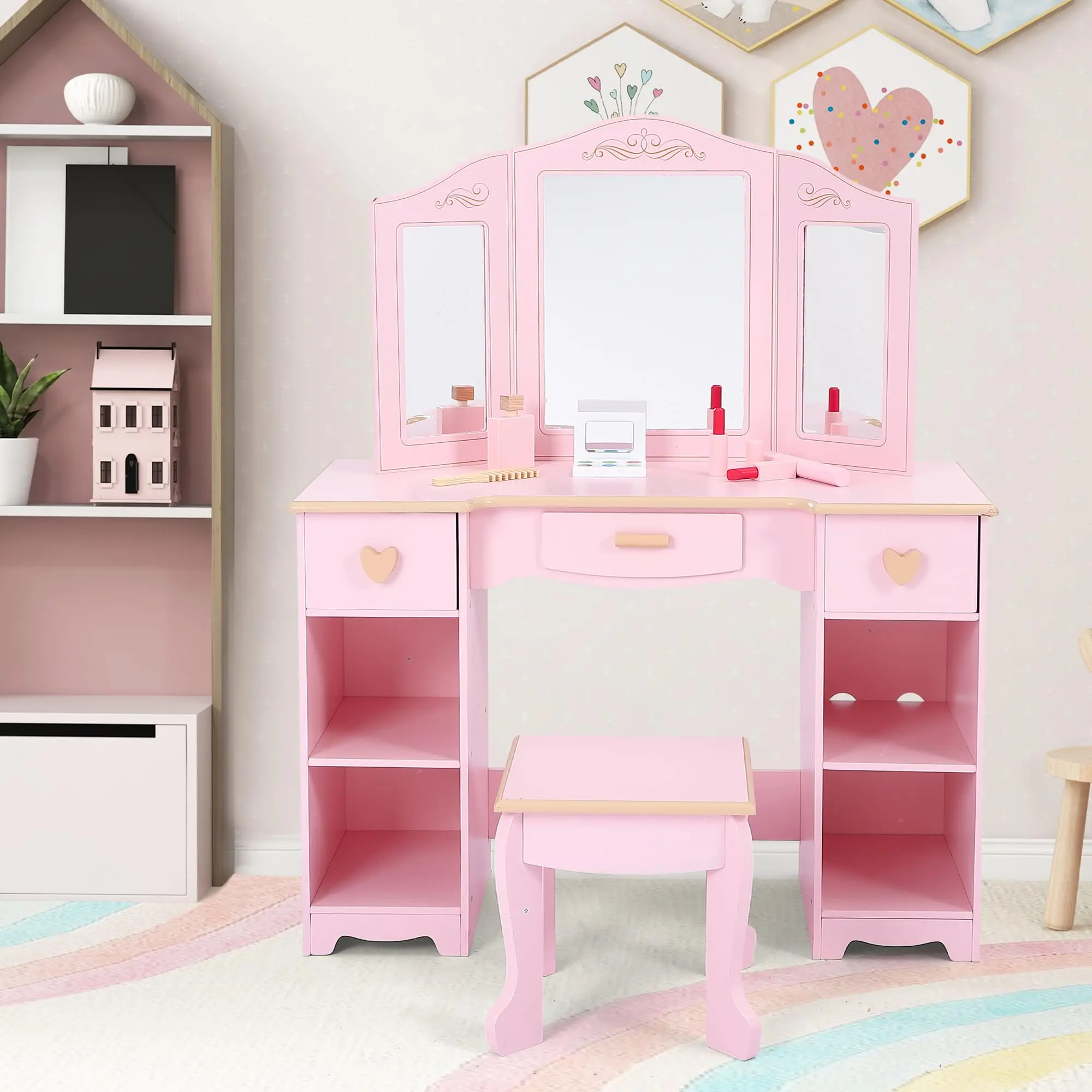 Garvee 2-in-1 Children's Vanity Set with Removable Mirror, Princess Style Chair, Drawer and Open Compartments, Wooden Design for Girls Ages 3 to 9, Pink