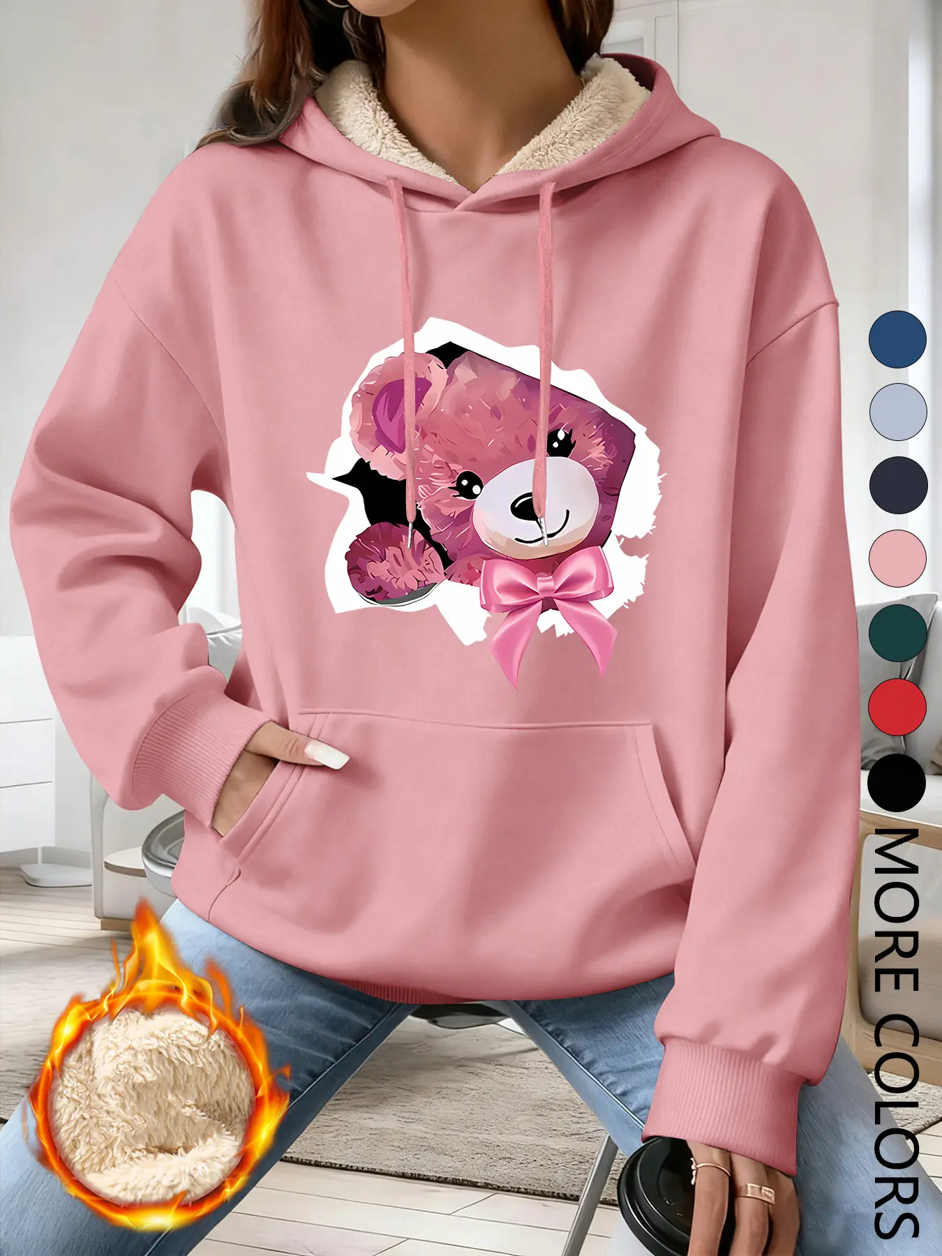 Women's Fall Winter Hooded Sweatshirt, Aesthetic Hoodie, Graphic Casual Hoodie, Creative Simple Bear Pattern, Letter Print, Long Sleeve Casual Top, Multiple Trendy Colors Available