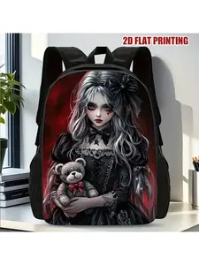 1pc Gothic Girl Backpack with Teddy Bear – Stylish Black & Red 2D Flat Print, Adjustable Straps, Zipper Closure, Lightweight Travel & Commute Bag for Daily Use, Gothic Accessories