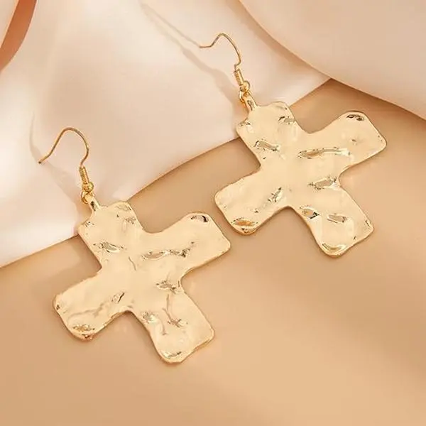 Women's Chunky Metallic-Accented Cross Earrings - Gold Statement, Big Hammered Drop Dangle, Silver Thick Hook-Type, Religious Graphic, Chain Duster Faith Jewelry, Chain Duster Earrings, Gold Statement Earrings