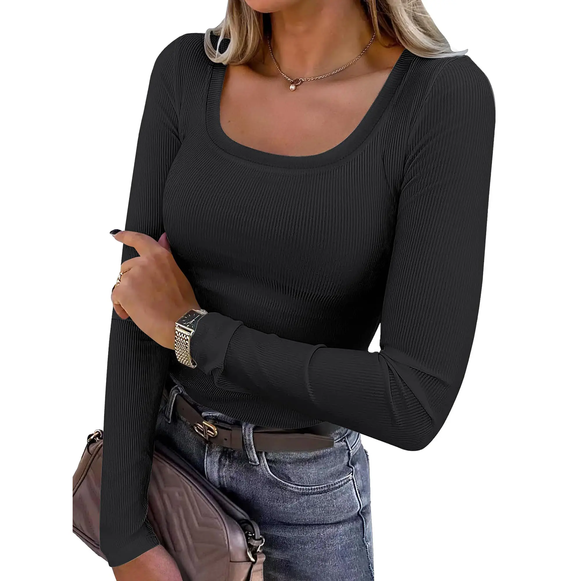 ANRABESS Women's Long Sleeve Tops Casual Scoop Neck Ribbed Knit Slim Fitted Basic Tee Shirts Trendy Spring Outfits Minimalist Comfort Tube Tops Black Womenswear