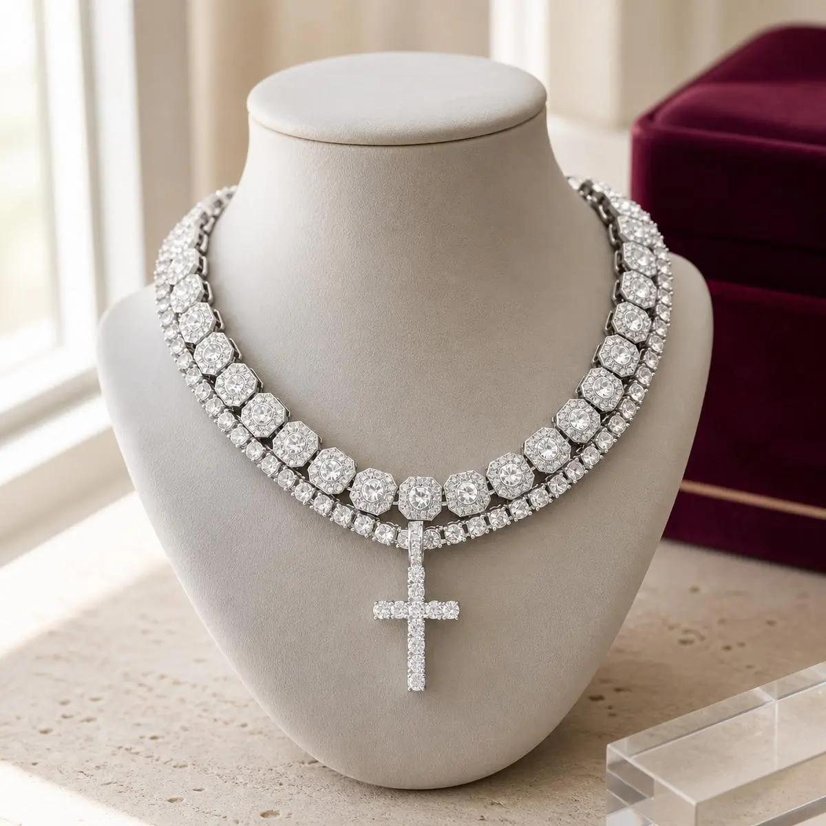 Men’s iced cross pendant necklace set with Cuban link and tennis chains, zircon-style street jewelry for everyday wear and parties