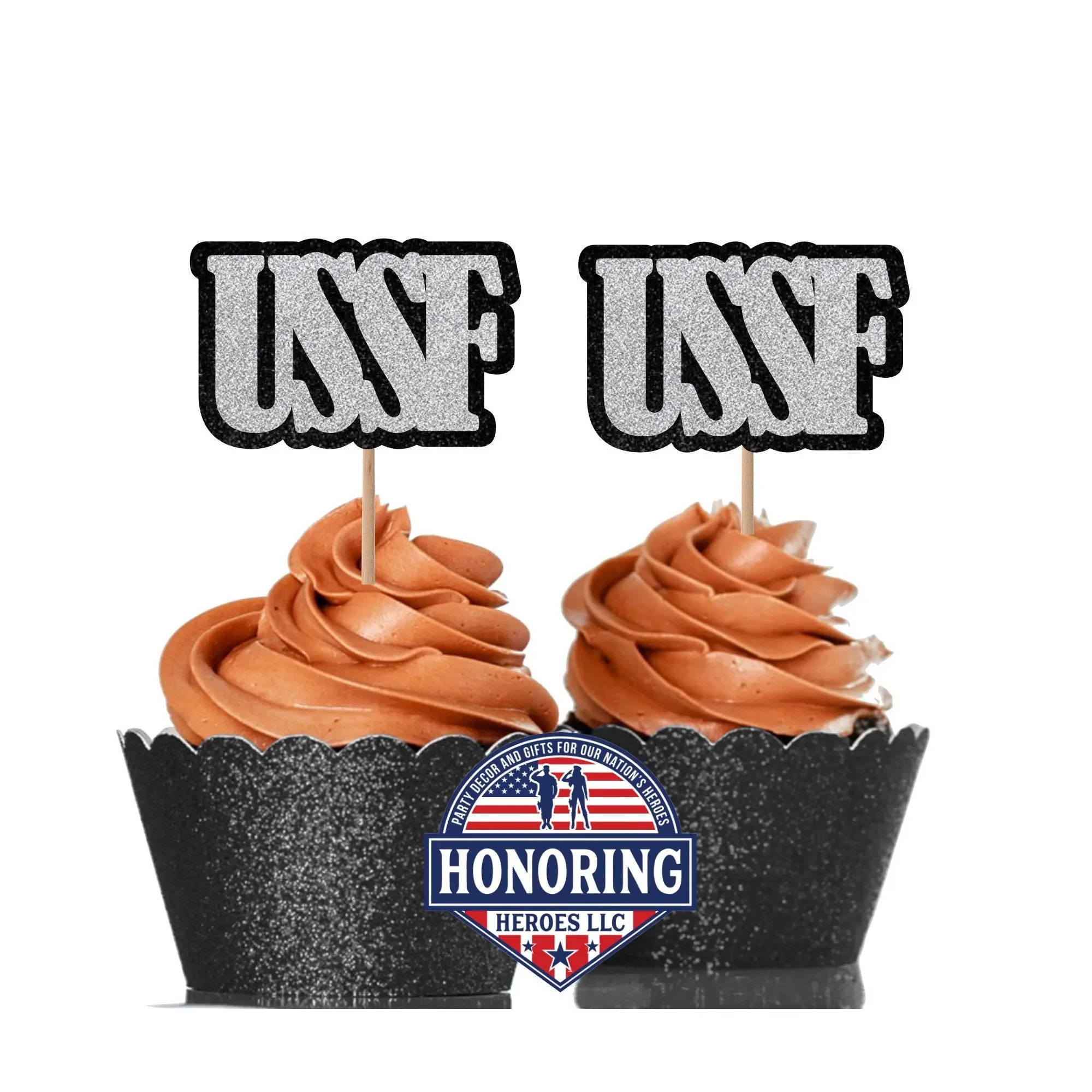 USSF Glitter Cupcake Toppers – Space Force Party Decorations NO SHED!
