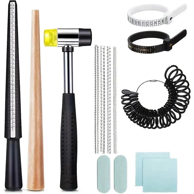 14-Piece Ring Sizer Set with Core Rods, Us & Uk Sizes 1-13, Includes Jewelry Hammer, Polishing Cloth, Measuring Sticks, DIY