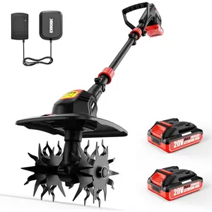 EWORK 20V Cordless Tiller Cultivator with 2 * 2.0Ah Batteries & Fast Charger, 9" Width 7" Depth Electric Garden Rototiller for Yard Lawn Soil Cultivation