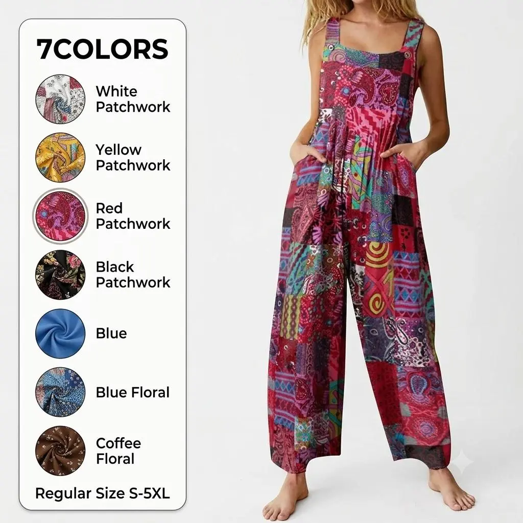 Womens Boho Wide Leg Jumpsuit with Pockets | Casual Loose Floral Overalls Women Casual Loose Wide Leg Overalls Floral Sleeveless Jumpsuit Baggy Rompers with Pockets