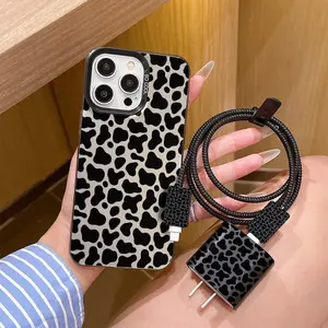 6-Piece Set Leopard Print Phone Case, Shockproof, Includes Charger Headband, Cable Protector, Storage Rope, Data Line Protector, for iPhone 11-16 Series