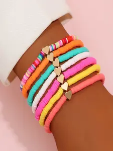 7-Piece Bohemian Soft Pottery Heart Beaded Bracelet Set, Stackable Elastic Friendship Bracelets, Party Jewelry Gift for Women