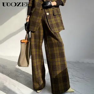 UOOZEE Women's Thick Polyester Vintage Plaid High-Waisted Loose Wide-Leg Full-Length Bottom Pants with Pockets - Autumn Winter Machine Washable Elegant Casual Clothes for Teachers (Smaller Hip Fit: Check Size Guide or Order 1 Size Larger)