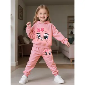 [Girls' Comfortable Fabric] Cute Cartoon Cat Print Fleece Hoodie + Pants Two-Piece Set for Girls, Autumn and Winter, Fashionable Casual Outfit, Comfortable Fabric, Gift for Kids, Outdoor Wear