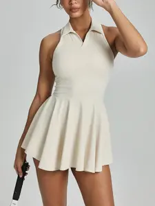 Women's Solid Color Pleated Tennis Dress with Collar & Free Matching Shorts, Casual Sleeveless Athletic Dress for Daily Outdoor Sport, Ladies Sportswear for Summer, Tennis Attire