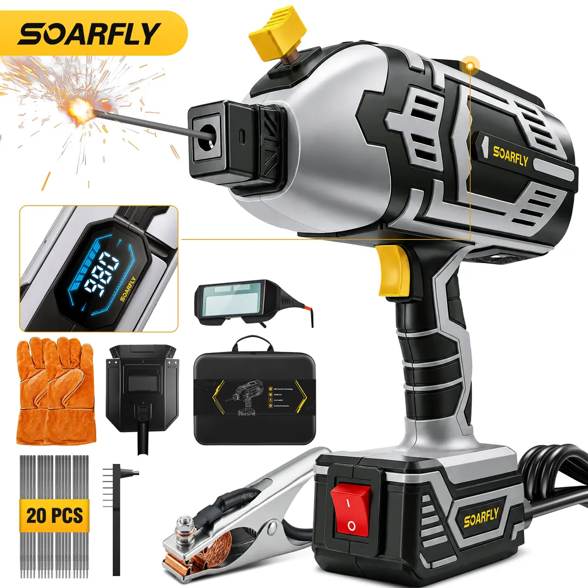 SOARFLY Portable Handheld Welder, 110V ARC Stick Welding Machine with LED Digital Display, IGBT Inverter, 20-120A Output, Compatible with 3/32"-1/8" Welding Rods, 5-Level Current Adjustment, Auto-Darkening Goggles, 20 Welding Rods & Tool Bag Included