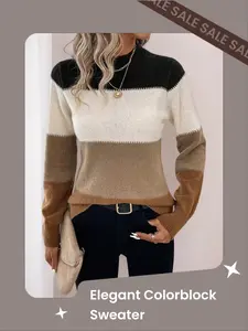Elegant Women's Long Sleeve Knitwear Sweater Pullover, Colorblock Design, Casual Faux Collar Top, Spring & Fall Fashion, Striped Patchwork, Womenswear
