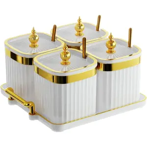 4 Pack Gold Condiment Spice Jars with Lids Spoons Tray Plastic Seasoning Box Set for Salt Pepper Sugar Kitchen Storage