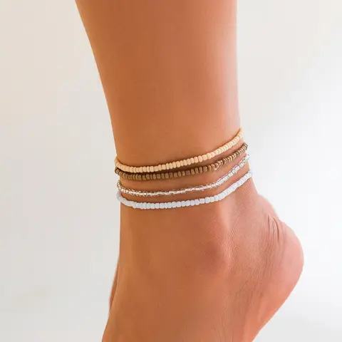 Boho Style Minimalist Solid Color Beaded Anklet (4pcs), Fashionable Jewelry for Women & Girls, Fashion Chains Jewelry for Party, Daily Clothing Decor, Trendy All-match & Exquisite Jewelry for Birthday Gift