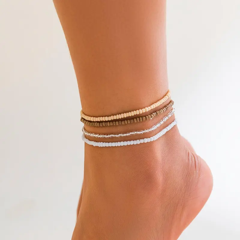 Boho Style Minimalist Solid Color Beaded Anklet (4pcs), Fashionable Jewelry for Women & Girls, Fashion Chains Jewelry for Party, Daily Clothing Decor, Trendy All-match & Exquisite Jewelry for Birthday Gift