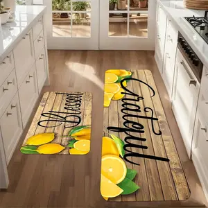 Durable Kitchen Floor Mat Set, Dirt & Water Absorbent, Non-Skid Bottom, Stain Resistant. Cheerful Lemon Slice & "Blessed/Grateful" Typography Design, Ideal for Sink, Stove & Bathroom Area Use
