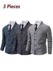 3-Pack Men's V-Neck Button Knit Sweater, Long Sleeve Loose Fit, Side Pockets, Spring & Fall Casual Wear, Comfortable & Versatile, Knitwear