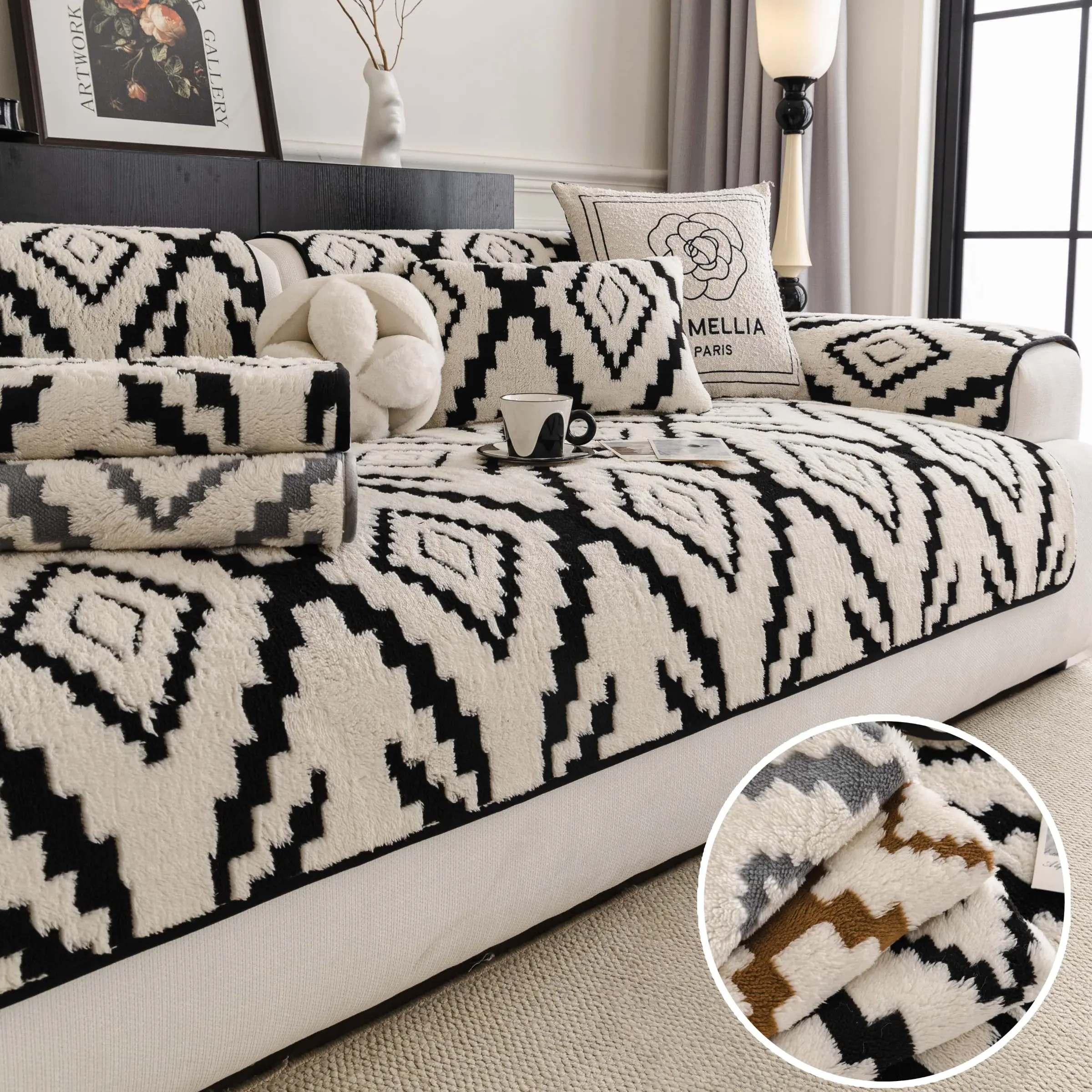 Boho Plush Sofa Cover, Slipcovers for couches and sofas, Dustproof Sofa Cover, Washable Couch Protector, Non-Slip Washable Couch Cover for Dogs & Cats, Pet-Friendly Anti-Scratch, Sofa Slipcover/Throw, 1Pc, Fits Armchair/Loveseat/3-Cushion Couch