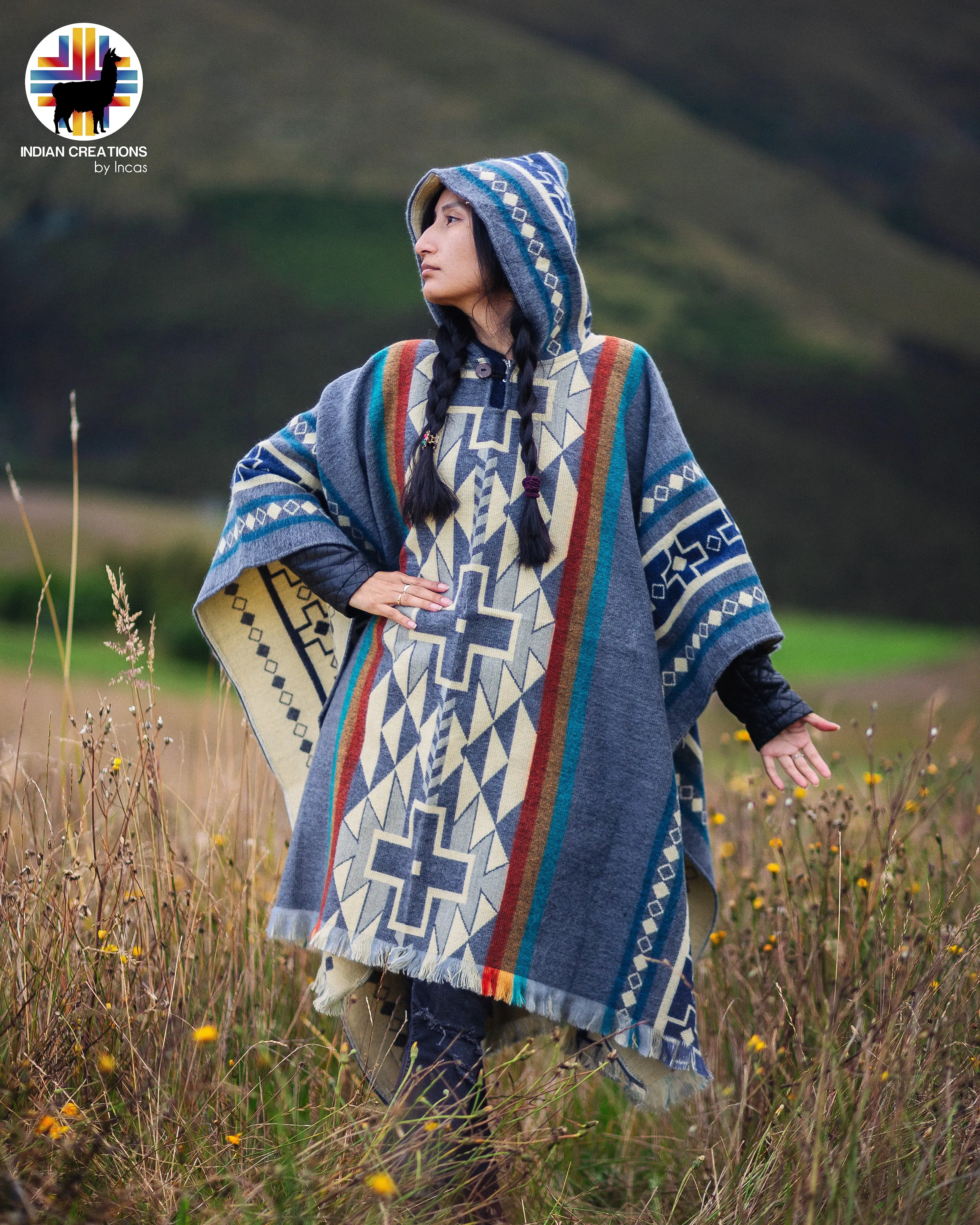 Cloudy Sky Alpaca Wool Poncho - Cozy and Versatile Design with Colorful Ribbons and Elegant Patterns