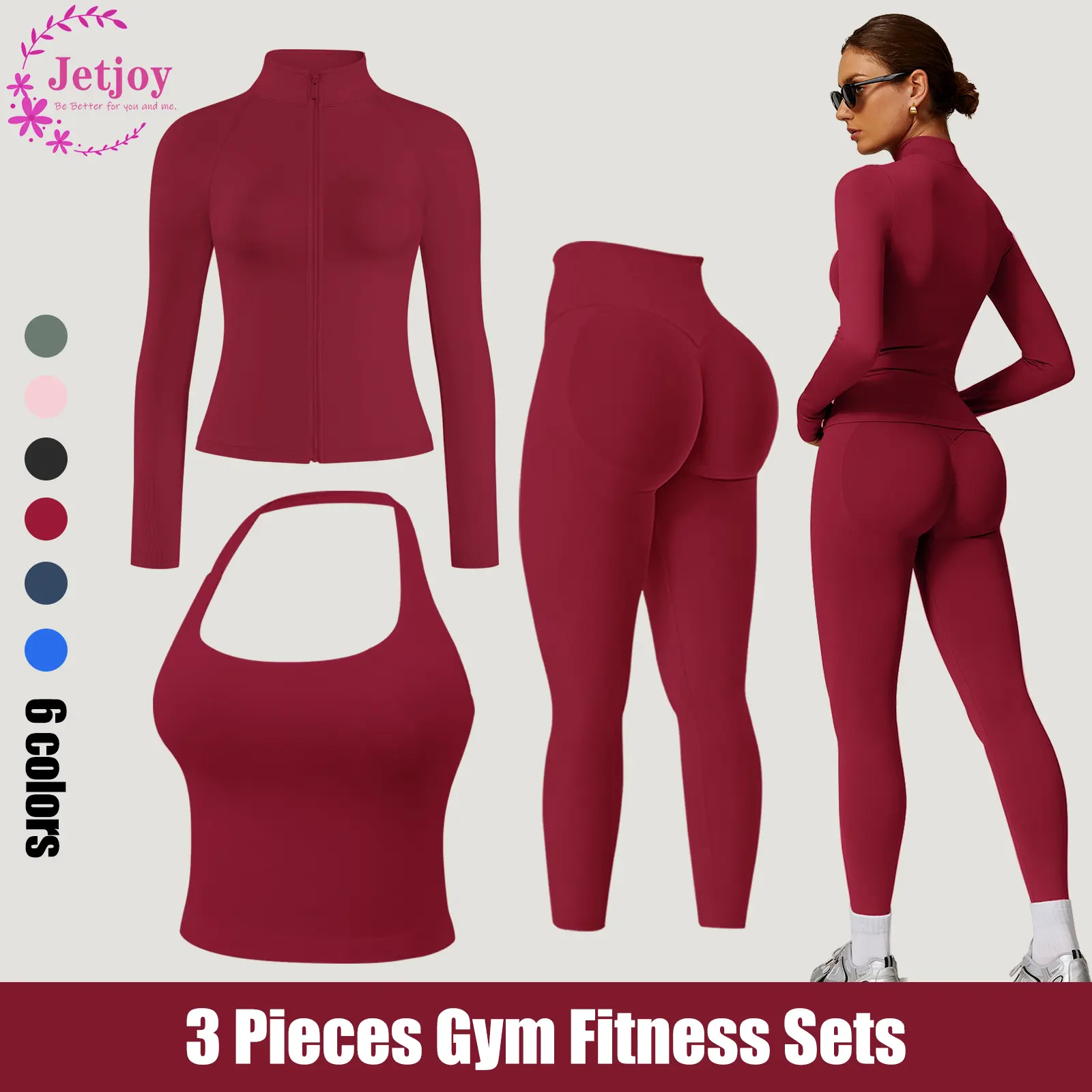 Jetjoy Workout Sets for Women 3 Piece,Yoga Outfit Long Sleeve Activewear Zip Up Top + Seamless Backless Sports Bras Halter Top+ Hidden Scrunch Leggings Sets Gym Yoga WorkOut Clothes, Yoga Outfits Gym Tracksuits Outfits Fitness Sportswear