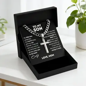 1pc "to My Son" Stainless Steel Cross Pendant Necklace, Birthday Gift, Valentine's Day Gift, Christmas Gift, with Card and Gift Box Packaging, the Perfect Gift for Loved Ones
