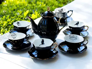 Halloween Tea Set, Grace Teaware Black Gold Teapot + Sugar Creamer + 6 Assorted Halloween Tea Cup and Saucer Sets, Cat, Crow, Snake, Flying Witch, Evil Eye, Ouija Board