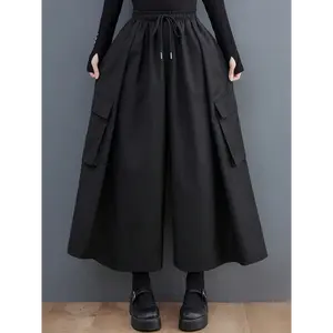 Women'S Elegant Solid Color Culottes, 100% Polyester with 2% Elastane, Loose Fit, Drawstring Waist, Woven Fabric, 100g/m², for Spring/Summer/Fall - Adult Fashion Wide Leg Pants Bottoms Womenswear