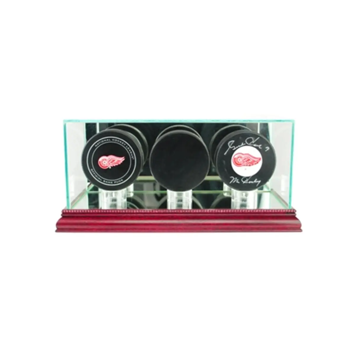 212 MAIN Triple Hockey Puck Display Case - Cherry Finish, Glass Cover, Real Wood Molding, Mirror Back, UV Protected, Signature Safe for Autograph Showcasing (Holds 3 Pucks, Triple Set)