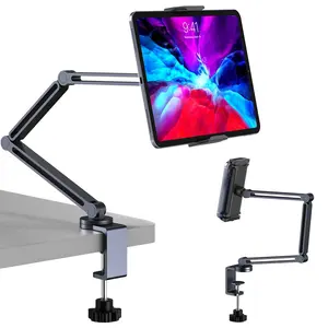 Tablet Arm Mount With 3 Section Super Grip, Adjustable Foldable Holder & Aluminum 360° Rotating Clamp for iPad, Phone, Monitor, Kindle - Universal for Desk, Bed, Kitchen,POV Shot, Filming, Light, Webcam, Action Camera - Black