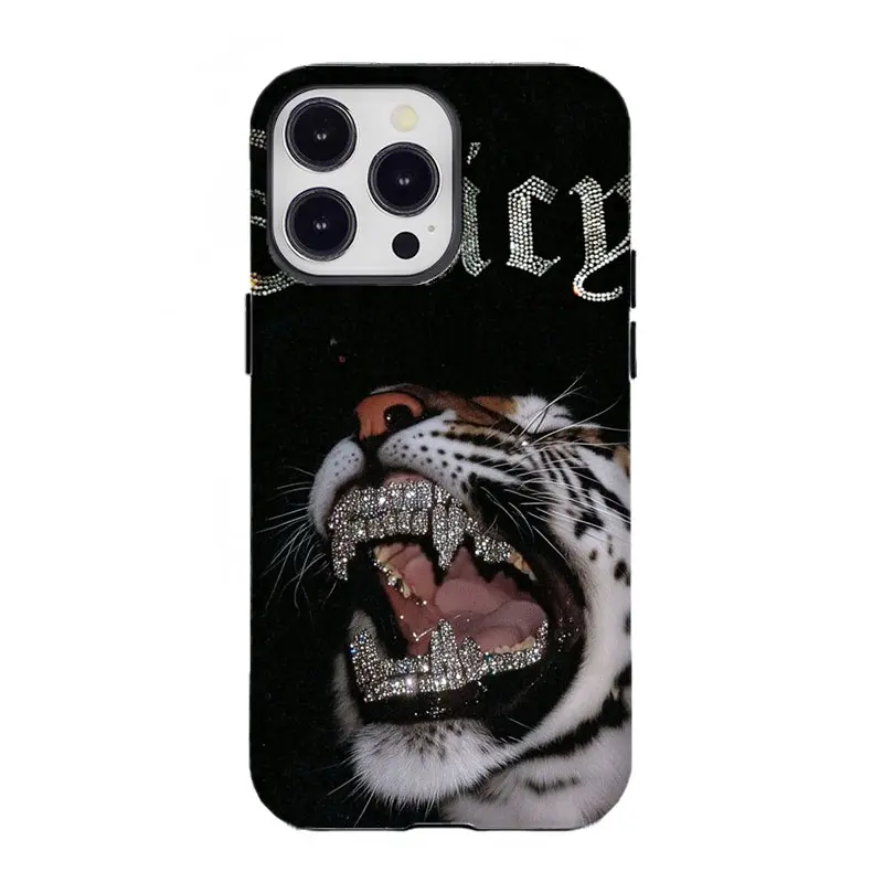 Edgy Icy Tiger Grillz Bling Hip Hop Street Custom Wireless Phone Case, Protective Casing with Resistance, Trendy Mobile Accessory for iPhone 11-17 & Samsung S21-S25, Ideal Gift for Him