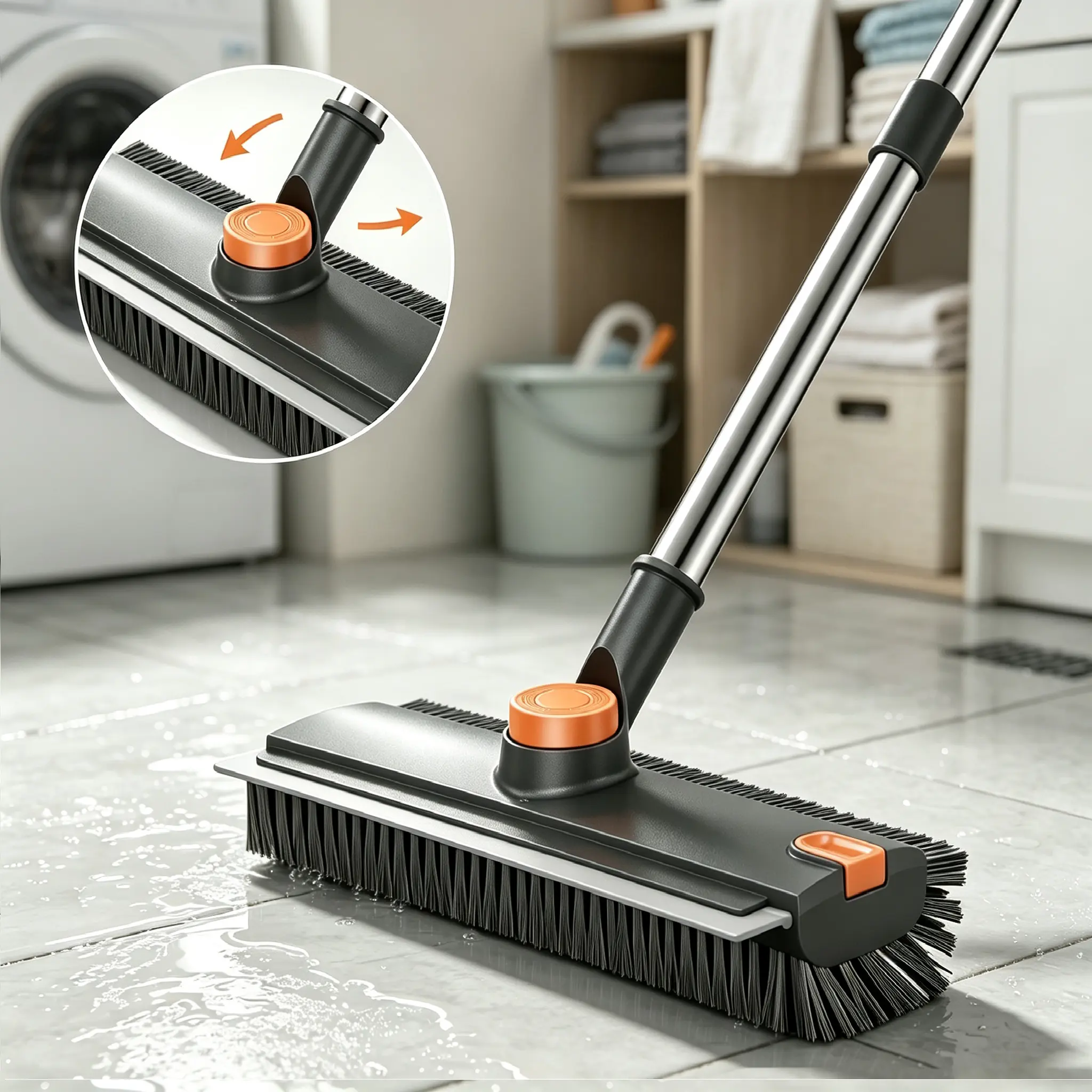 3-In-1 Multi-Function Squeegee Brush Mop with Long Adjustable Stainless Steel Handle, 360° Rotator Bristle Head for Tile, Bathroom Household Cleaning Tool, Squeegee Brush Mops